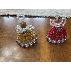 Vintage Safety Pin Beaded Doll Ornaments Set Of 2 Red And Yellow